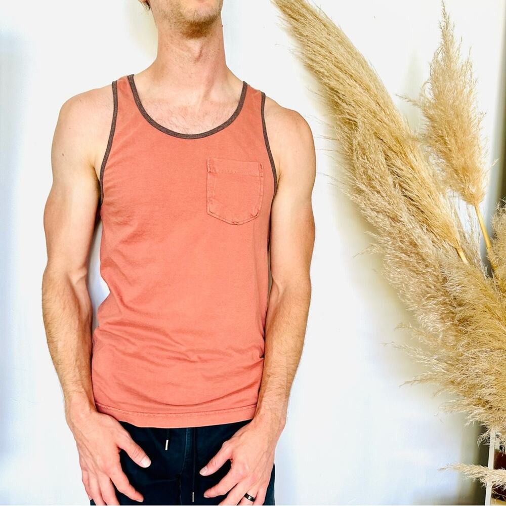 MENS SUN DIEGO Coral Brown Grey Contrast Two Tone Sleeveless Tank Top Pocket S